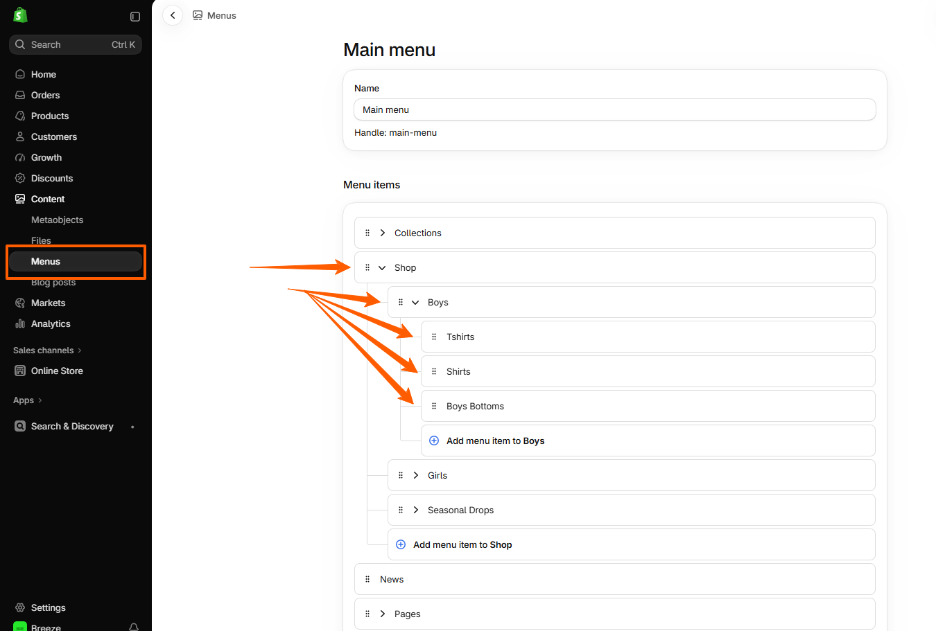 Dropdown menu admin setup