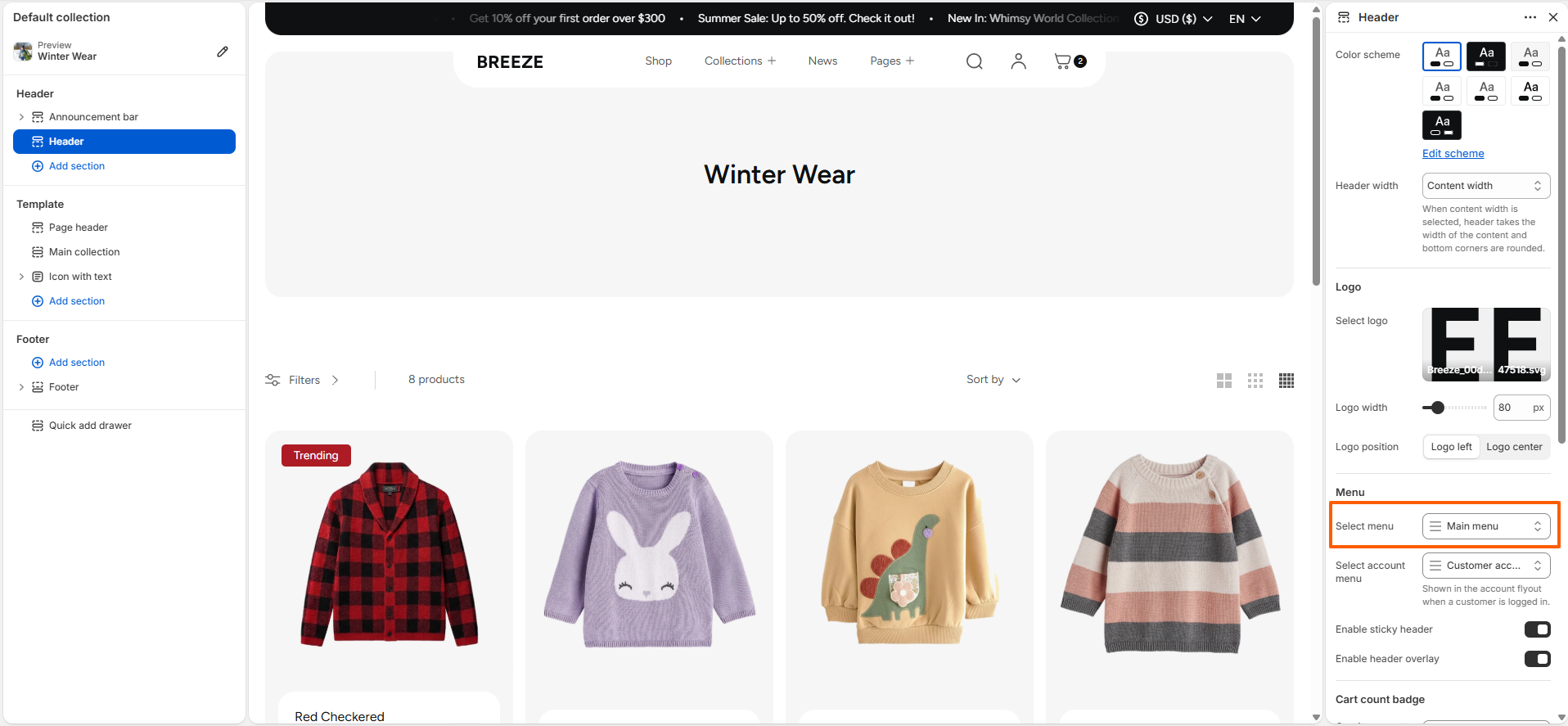 Menu header
