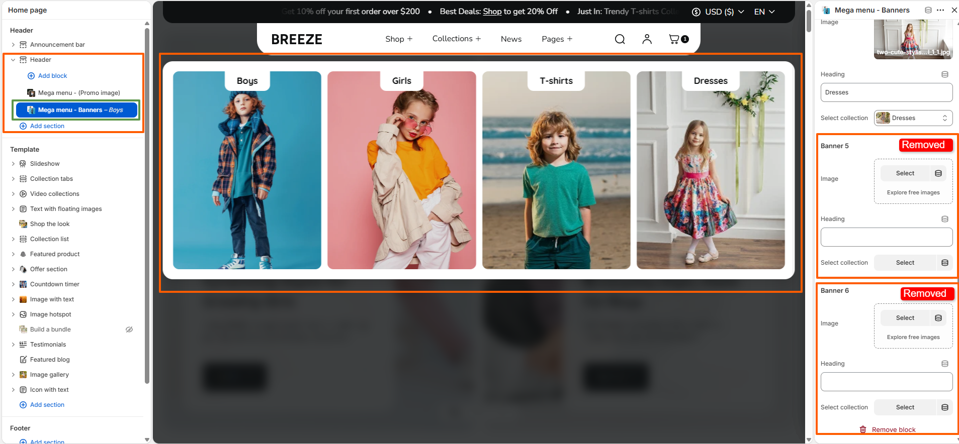Mega menu banners four collection layout