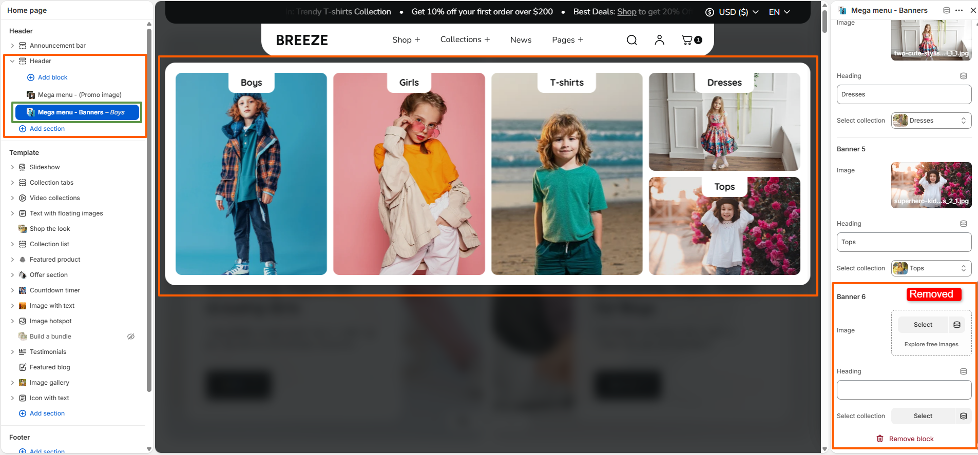 Mega menu banners five collection layout