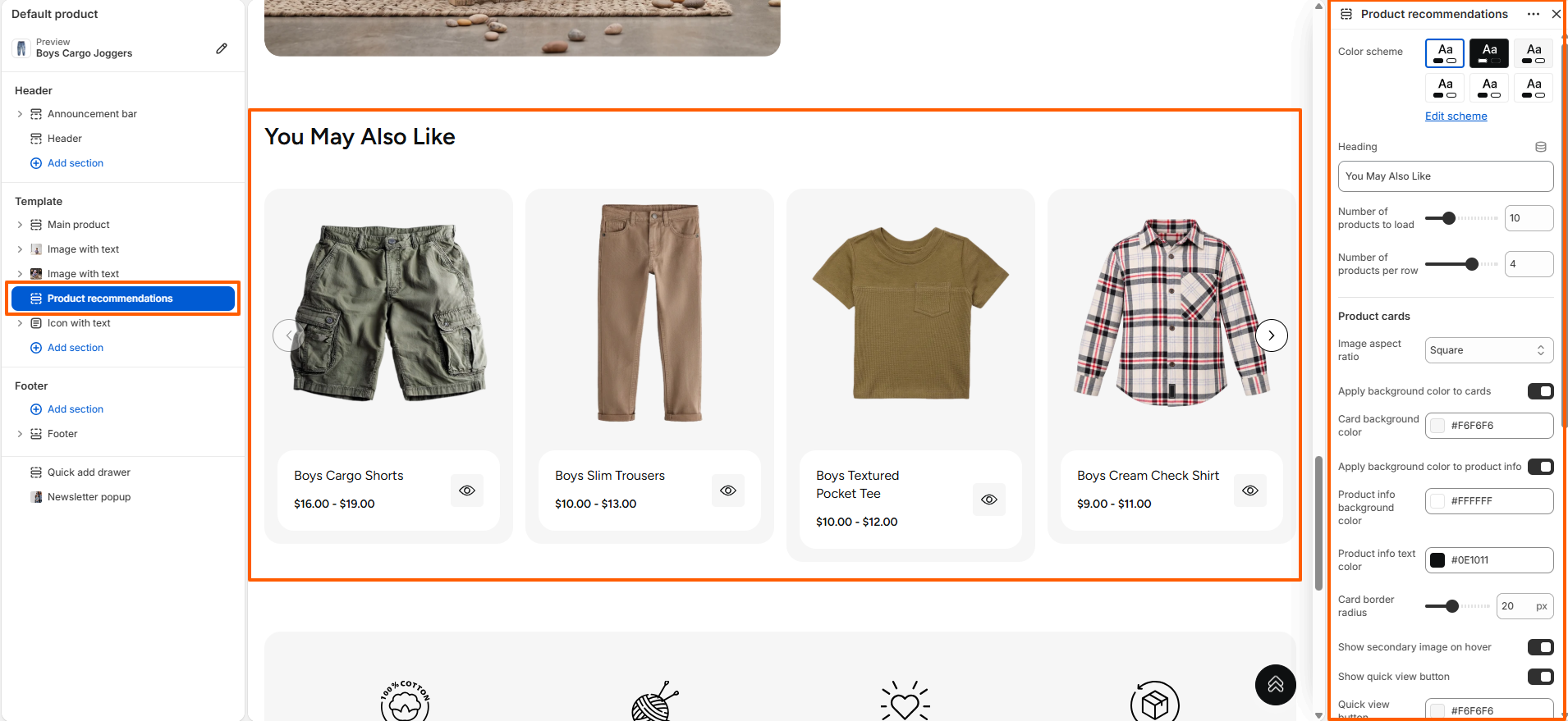 Product Recommendations section settings