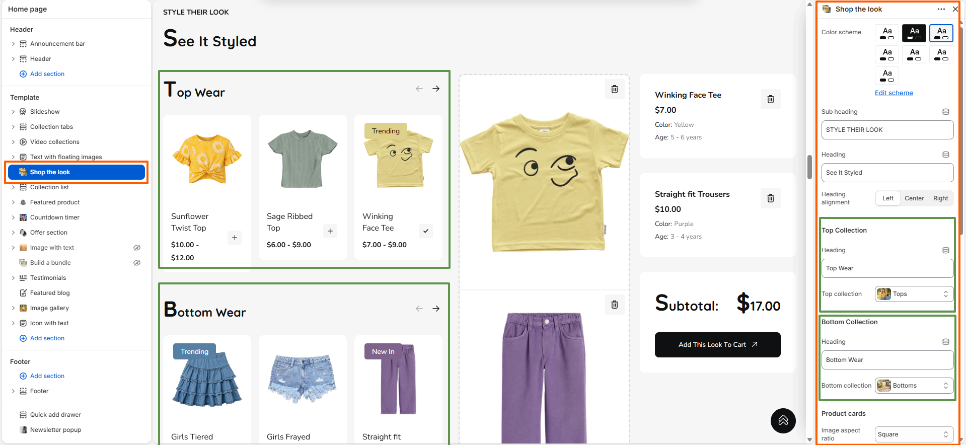 Shop the Look product selection and settings