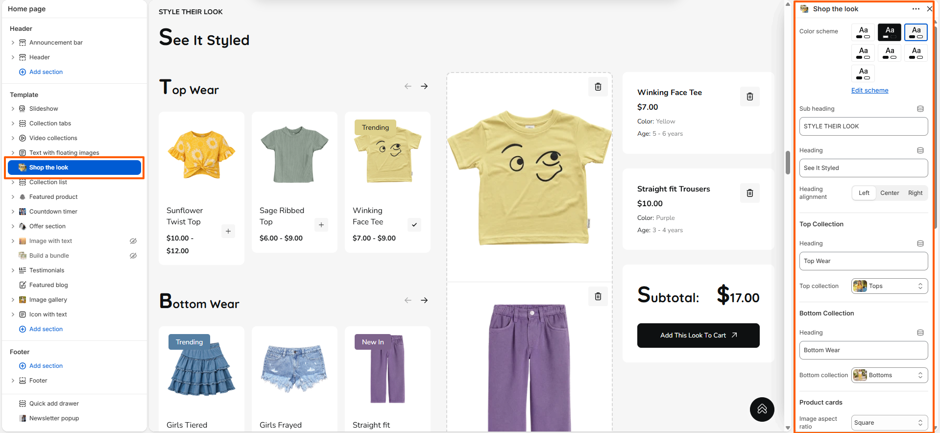 Shop the Look section settings