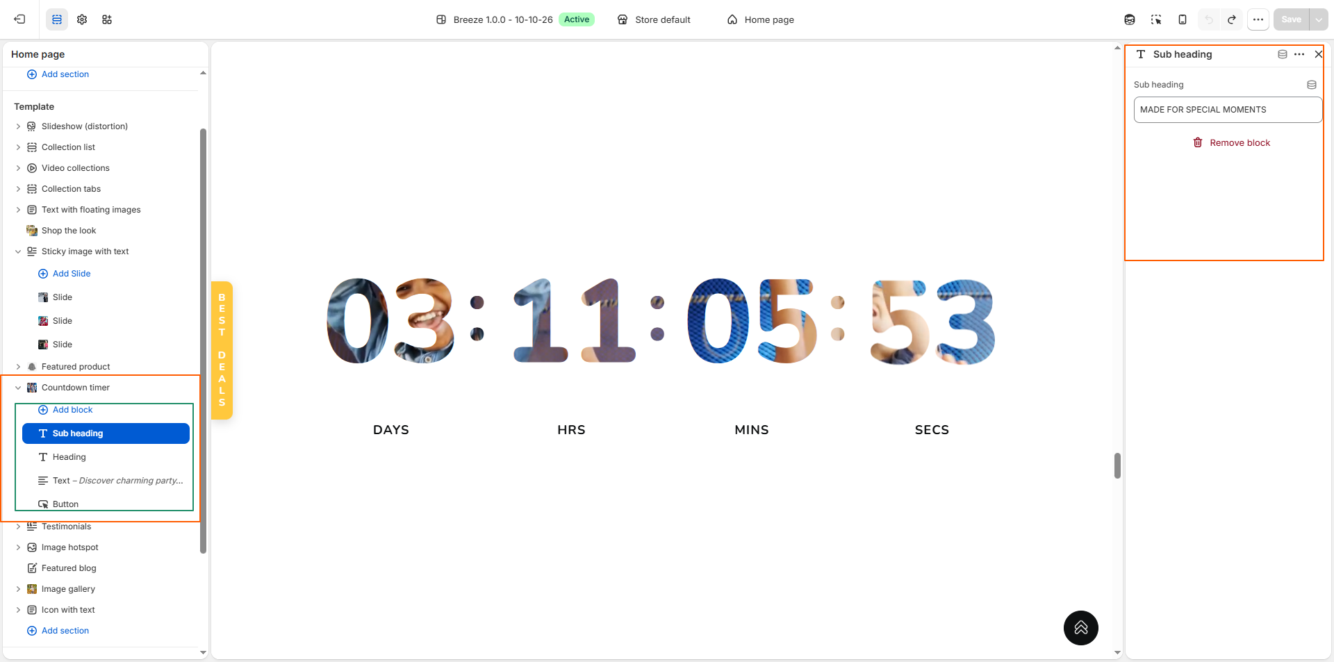 Countdown Timer block settings