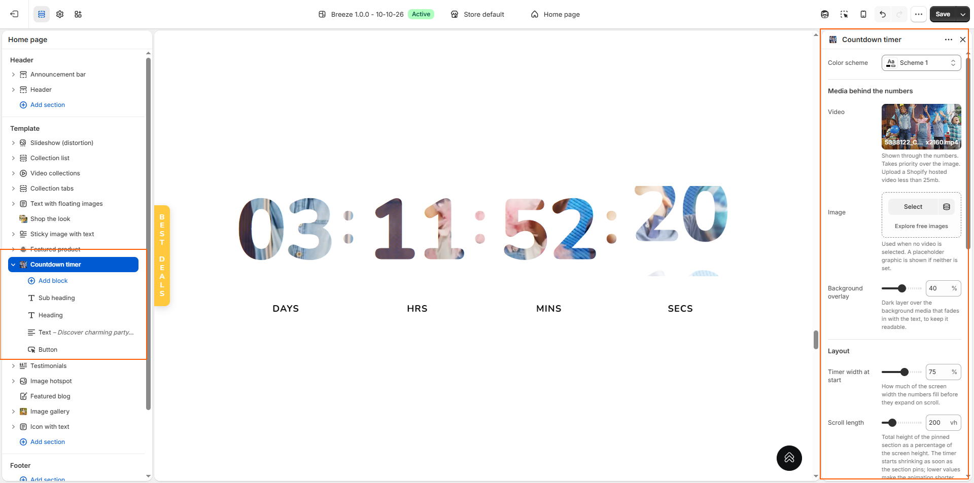 Countdown Timer section settings