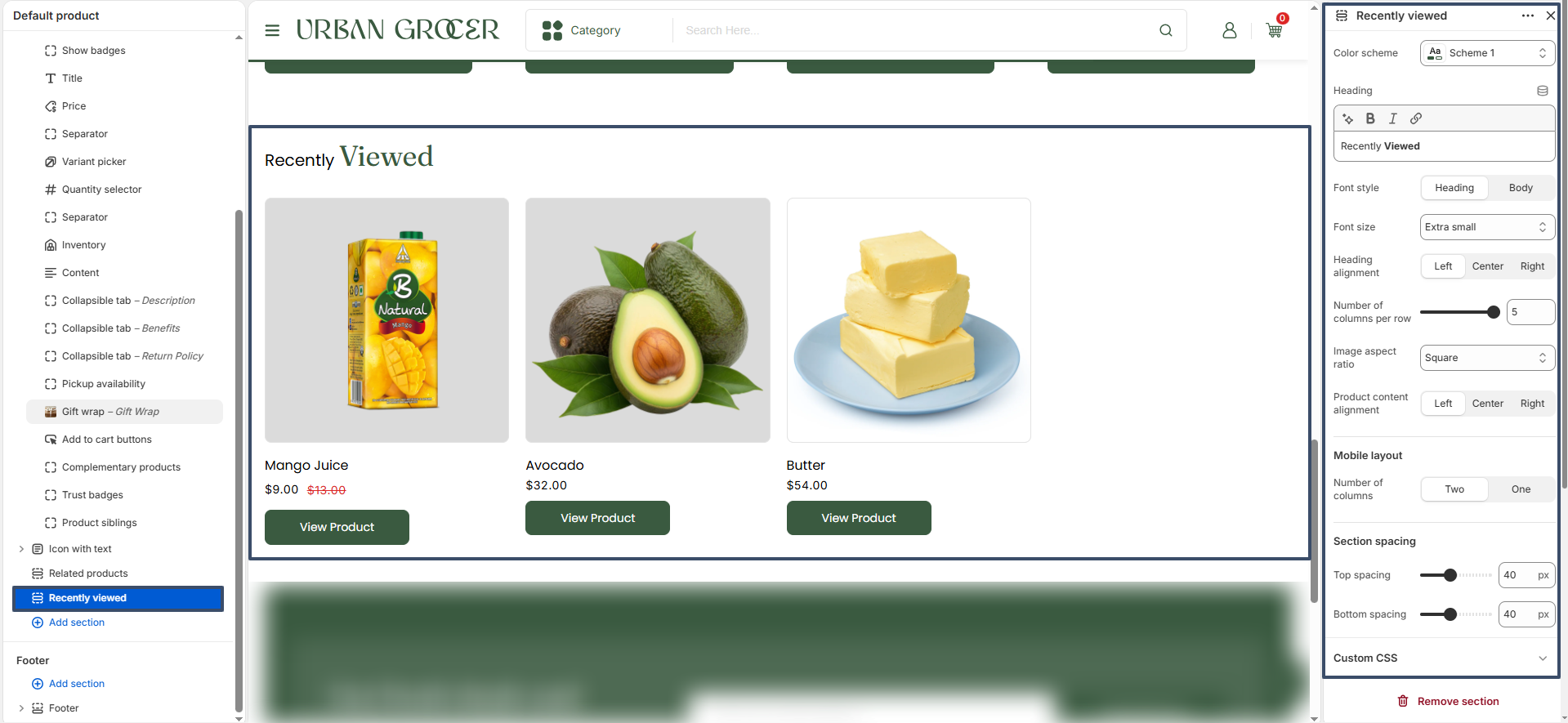 Recently viewed products section settings