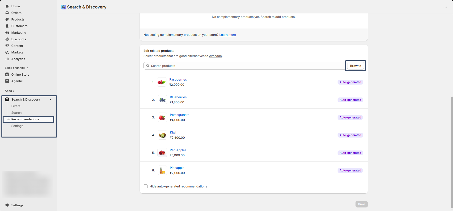 Recently viewed products section settings