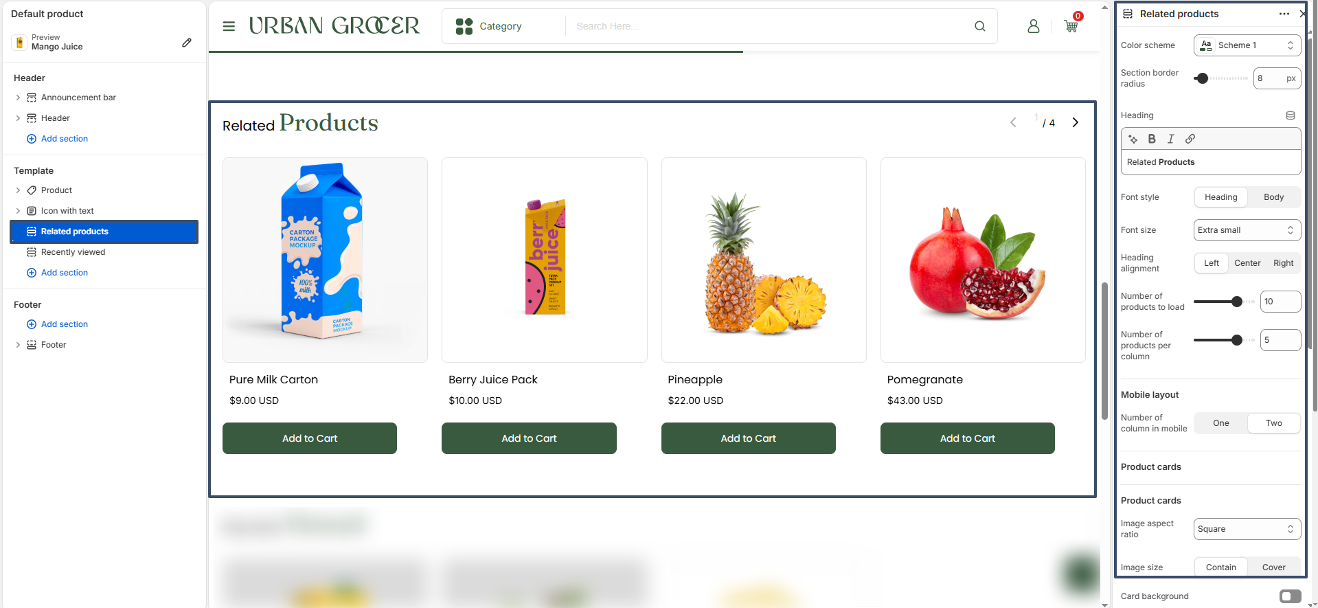 Recently viewed products section settings