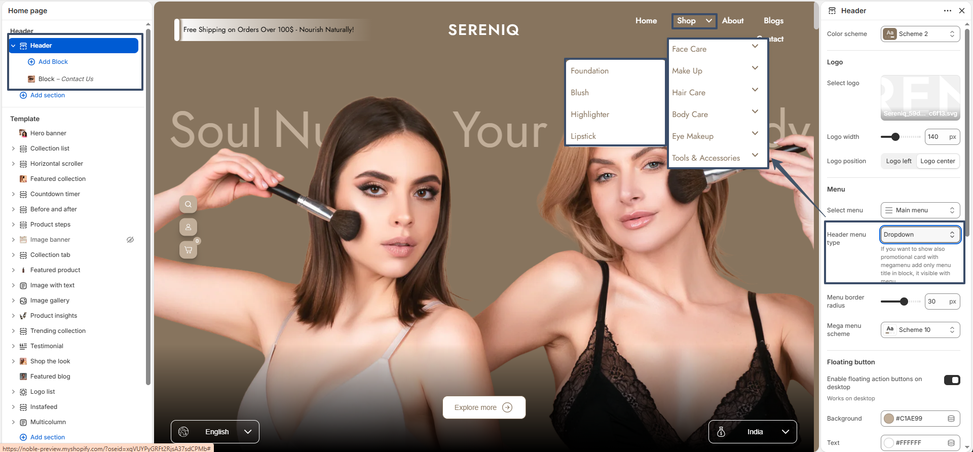 Menu header