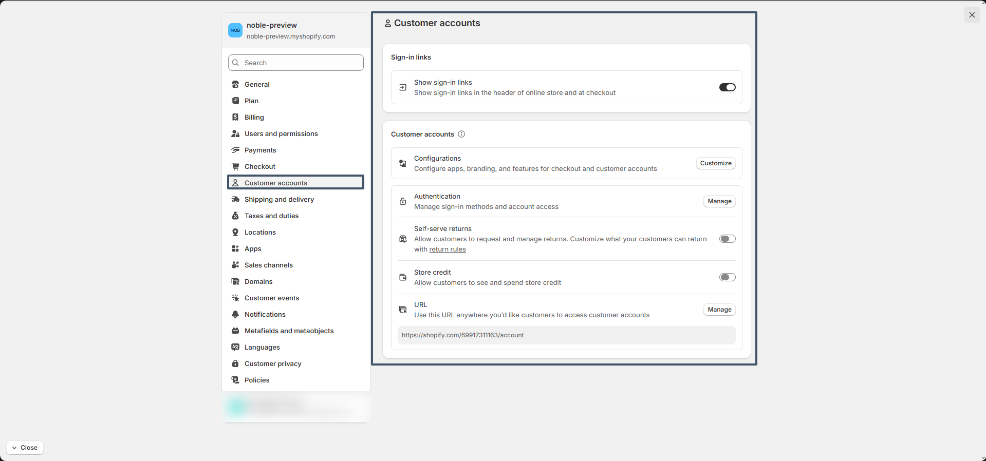 customer accounts settings