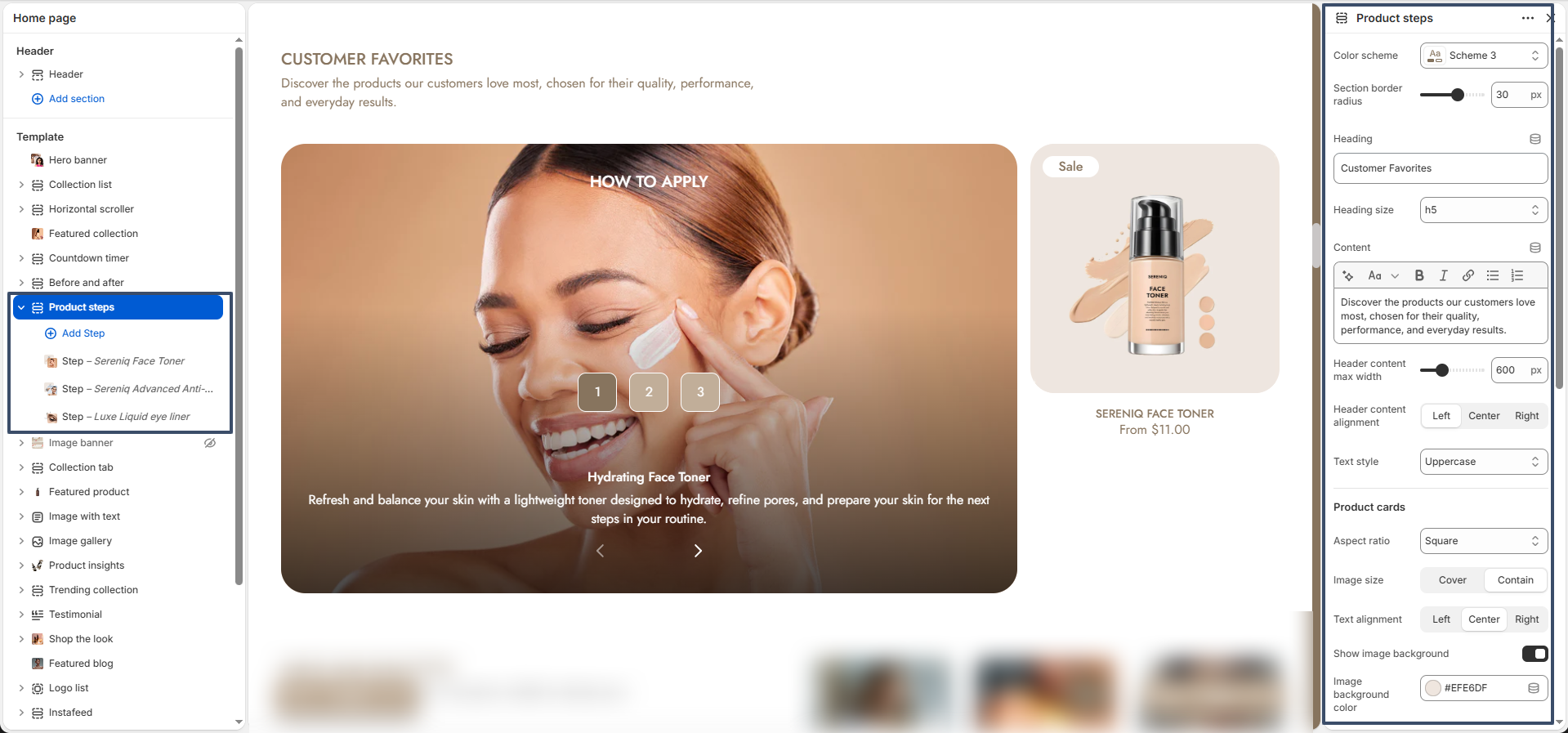 Product steps section preview