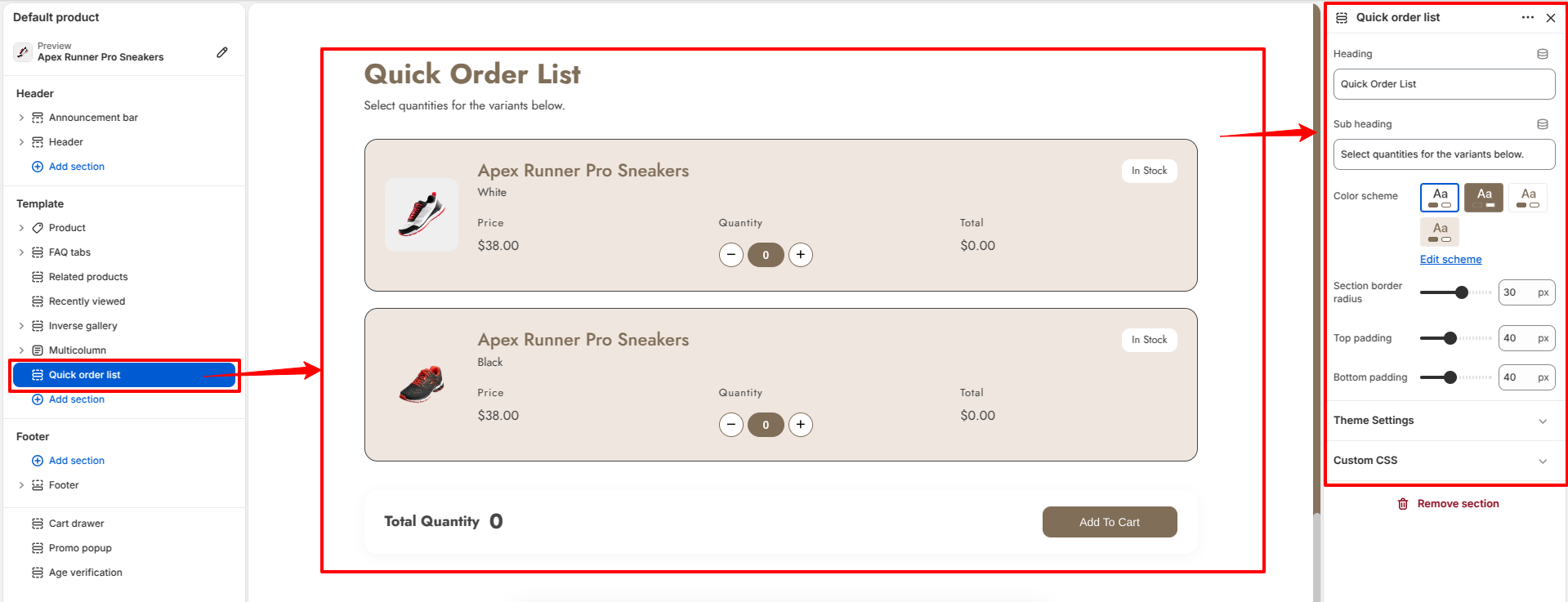 Quick Order List settings preview