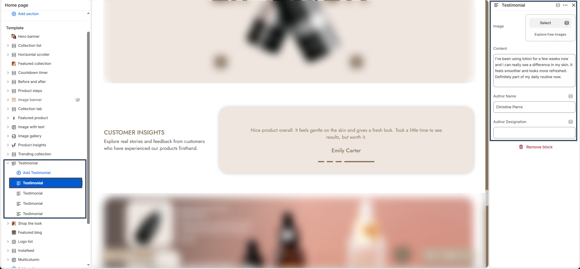 testimonial block settings